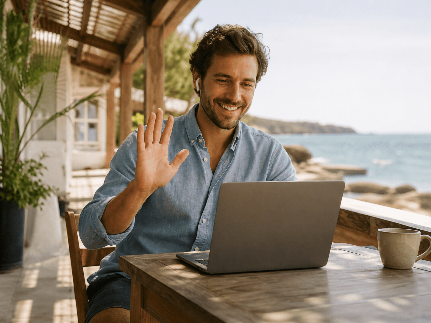 Young professional joining a virtual call from an outdoor patio