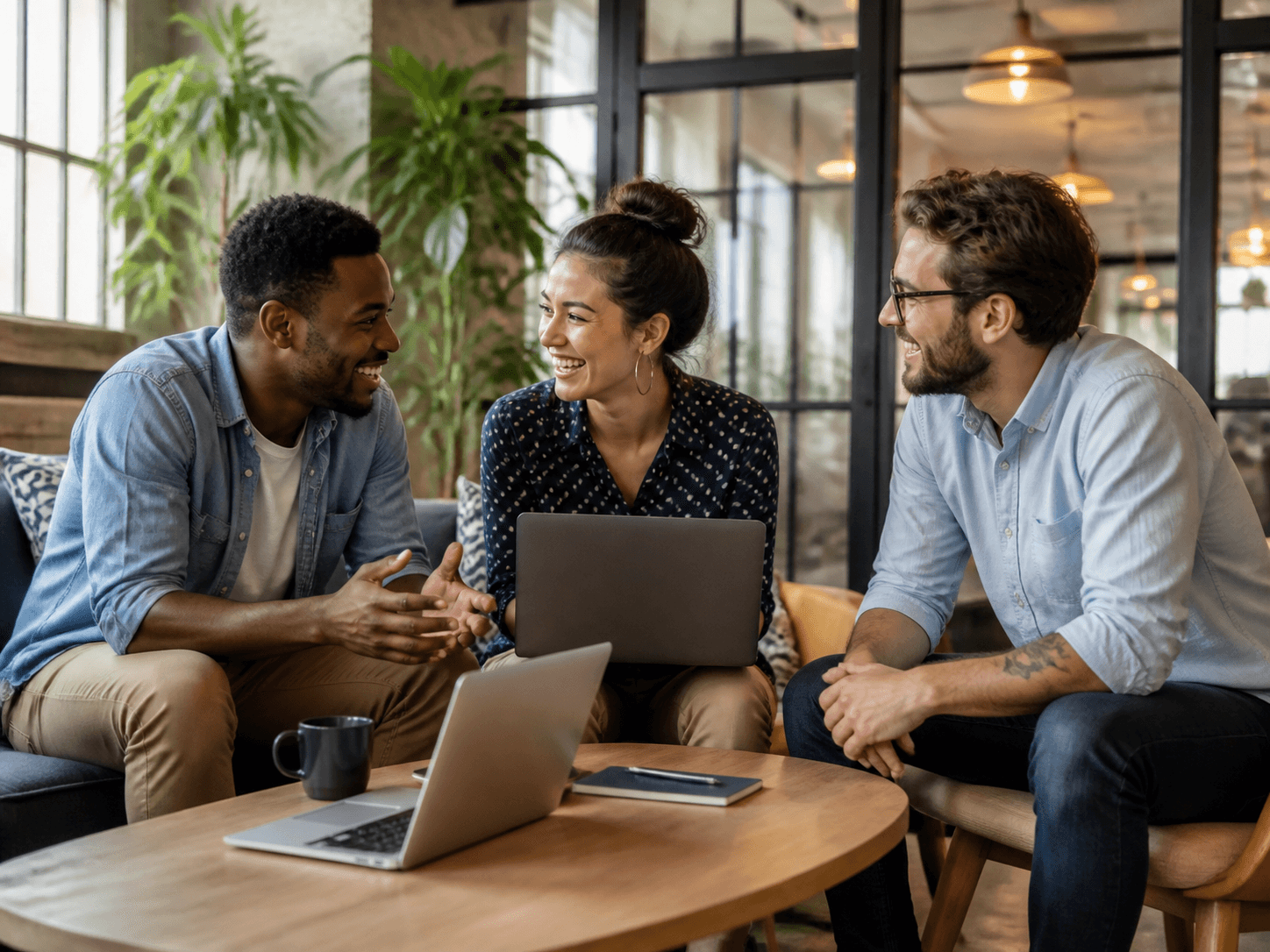 Young professionals collaborating in a relaxed coworking space